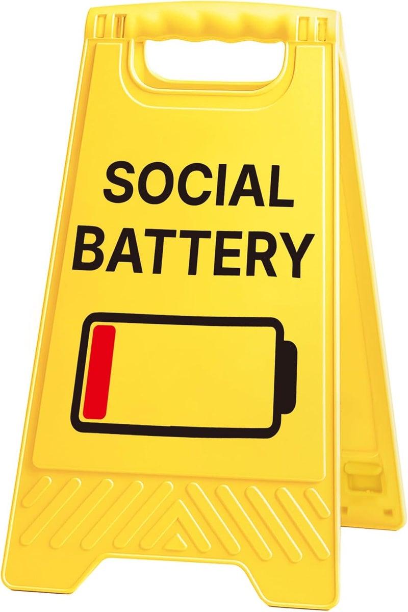 EXUBERIUM No Social Battery Funny Desk Sign Yellow Warning Style Acrylic Table Decor Gift for Coworkers Friends Home Office Workspace Tabletop Cubicle Phone Holder Mirror Stand - Image 1